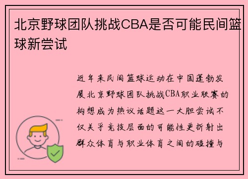 北京野球团队挑战CBA是否可能民间篮球新尝试