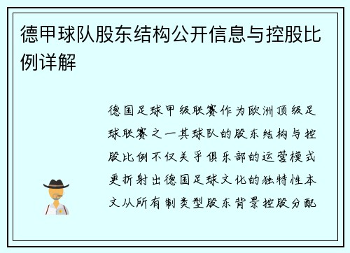 德甲球队股东结构公开信息与控股比例详解